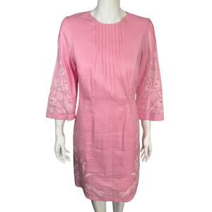 Marc Cain Pink Embroidered‎ Linen Shift Dress N3 / US 8 Spring Preppy Chic